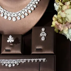 Nigeria White Gold Color Cubic Zirconia Bridal Wedding Jewelry Set Water Drop Shape 4PCS Necklace Earring Set Bijoux S-348