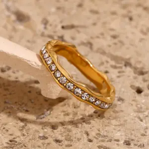 E.B.belle Rhinestone Eight Awn Star Wave Shape Ring Stainless Steel 18k Gold Plated Exquisite Women Jewelry For Party Dating