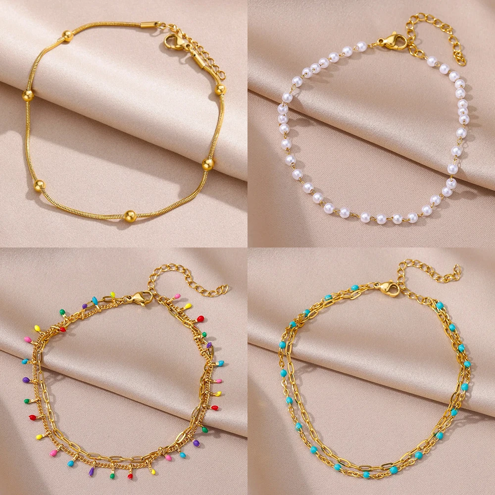 Stainless Steel Imitation Pearl Anklets for Women Gold Color Chain Ankle Bracelet Anklet Summer Beach Jewelry Accessories Gift