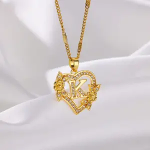 Zircon Flower Heart Initials Necklaces For Women Stainless Steel Heart Lover Gold Color Letter Chain Collar Necklace Jewelry