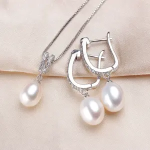 YWYC Horseshoe 8-9mm Rice Freshwater Pearl Earrings&Necklaces Jewelry Set for Women 925 Sterling Silver 45cm Pendant Necklace
