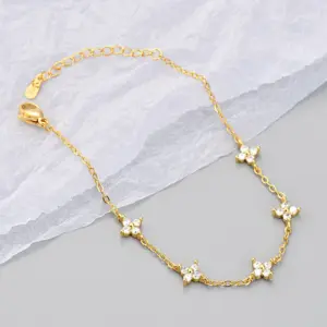 925 Silver Plated Cz Four-leaf Flower Bracelet for Women Shiny Zircon Flower Adjustable Link Chain Bracelet Cute Dainty Jewelry