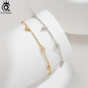 ORSA JEWELS 14K Gold 925 Sterling Silver Brilliant Zircon Stone Anklet for Women Adjustable Summer Foot Chains Jewelry SA70