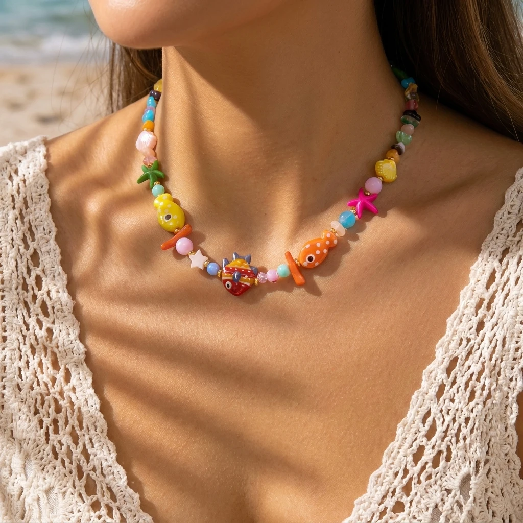 Beach Style Colorful Ceramic Fish Starfish Choker Necklace For Women Ocean Series Scallops Beaded Necklaces Vacation Jewelry