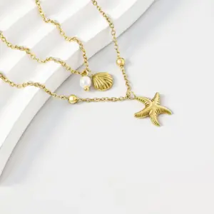 Women Shell Necklace 14k Gold Plated Stainless Steel Layered Starfish Conch SeaShell Pearl Charm Necklace Summer Beach Jewelry
