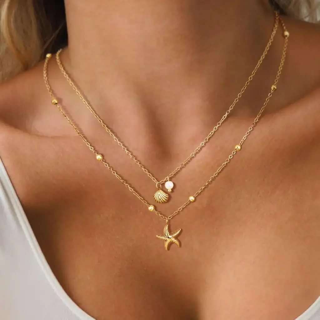 Women Shell Necklace 14k Gold Plated Stainless Steel Layered Starfish Conch SeaShell Pearl Charm Necklace Summer Beach Jewelry