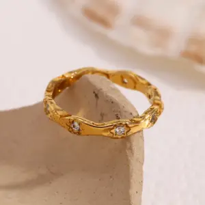 E.B.belle Rhinestone Eight Awn Star Wave Shape Ring Stainless Steel 18k Gold Plated Exquisite Women Jewelry For Party Dating