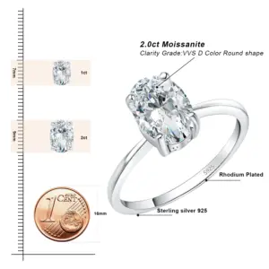 JewelryPalace Moissanite D Color 1ct 2ct Oval S925 Sterling Silver Solitaire Wedding Engagement Ring for Woman