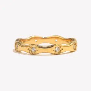 E.B.belle Rhinestone Eight Awn Star Wave Shape Ring Stainless Steel 18k Gold Plated Exquisite Women Jewelry For Party Dating