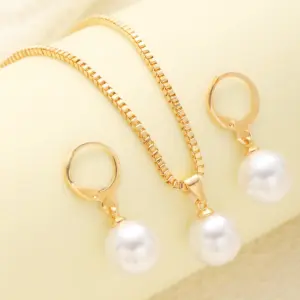 LATS 3 Pcs/Set Round Pearl Pendant Necklace For Women Exquisite Fashion Rhinestone Double Earring Wedding Jewelry Set Gift