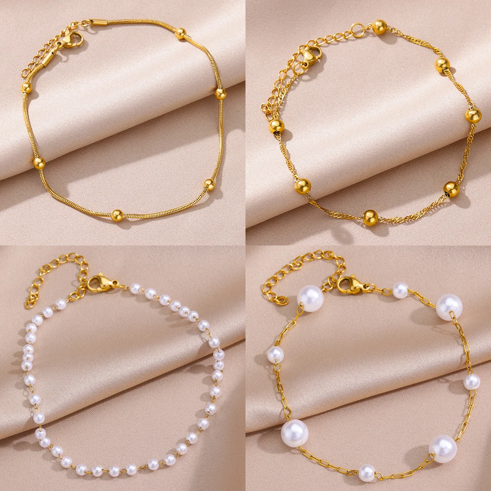 Beads Anklets for Women Gold Color Stainless Steel Chain Ankle Bracelet Trendy Summer Beach Jewelry Accessories Gifts