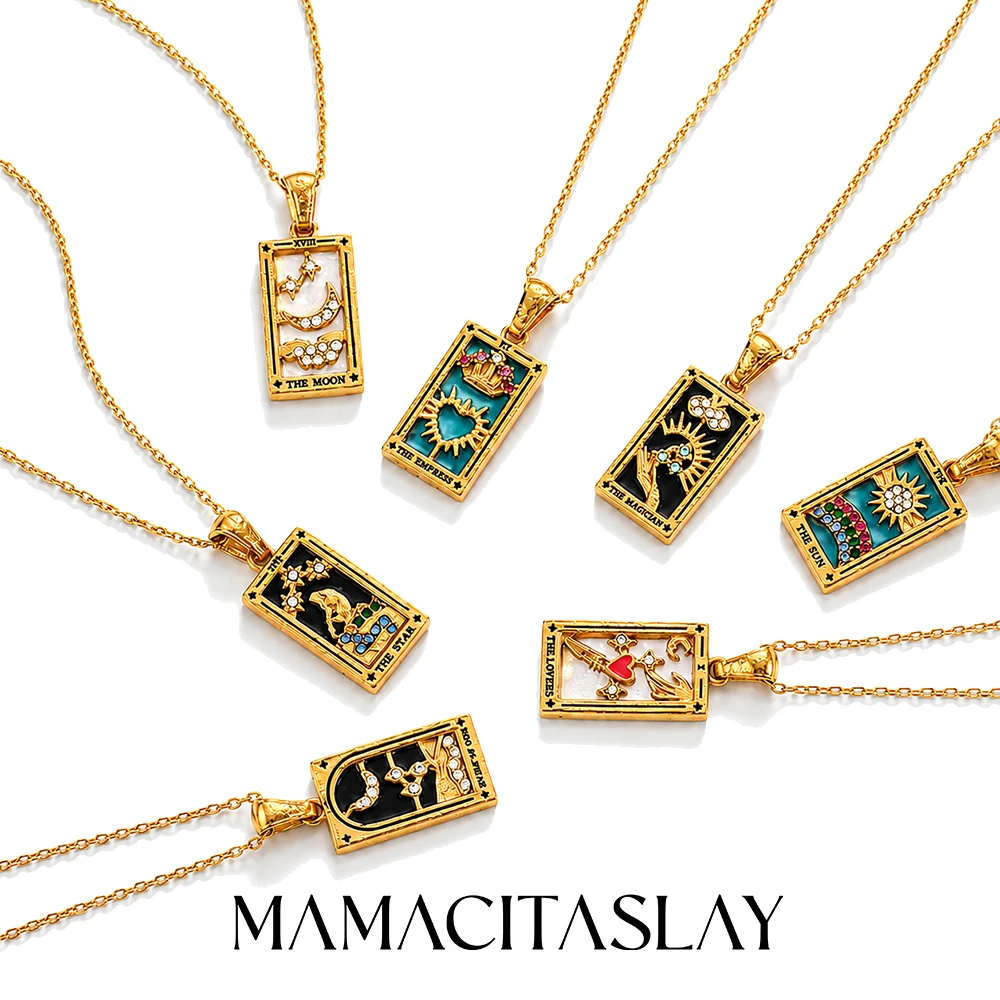 MamacitaSlay 316L Stainless Steel Coloeful Tarot Necklace Zircon Star Moon Sun Lovers Magiclan Knight Empress Necklace For Women