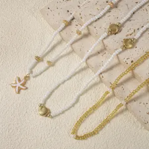 Bohemian Handmade Bead Stacked Choker Delicate Starfish Shell Pendant Necklace Women's Summer Beach Party Vacation Jewelry