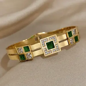 Freetry Exquisite Stainless Steel Large Green Zircon Gold Plated Bracelet Rhinestone Layered Cuff Bracelet Waterproof Jewelry