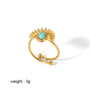 18k Gold Plated Turquoise Swirl Marks Wide Opening Stainless Steel Rings For Women Jewelry