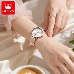 OLEVS Watches Woman 5653 Mesh Strap Quartz Watch Original Chronograph Date Watches For Woman Waterproof Luminous Ladies Watch