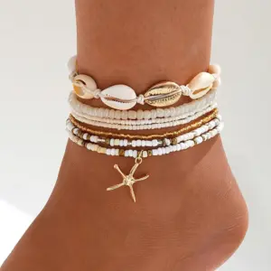 Summer Ankle Bracelet Set for Women, Gold Plated Boho Bead Adjustable Anklet, Hawaiian Beach Shell Starfish Foot Jewelry Gifts
