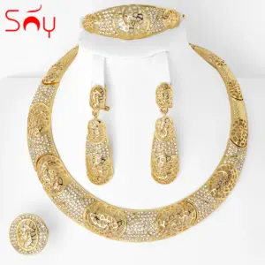 Sunny Jewelry Fashion Bridal Wedding Set Zircon Classic 24K Gold Plated Earrings Necklace Bracelet Ring 4pcs set For Women Gifts