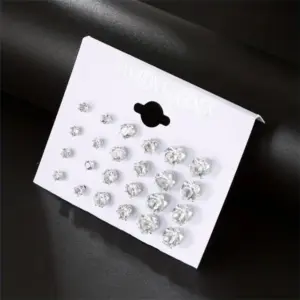 12 Pairs Set Stainless Steel Silver Color CZ Stud Earrings with Gemstone Buds Round Earrings Jewelry Accessories Unisex