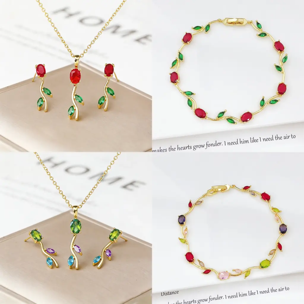 3PCS Colorful Trendy Charm Crystal Leaf Vine Flower Rhinestone Bracelet Necklace Earring Jewelry Set Luxury for Women Party Gift