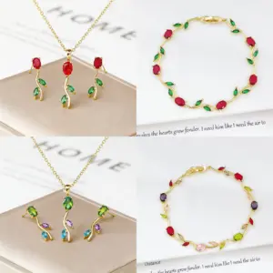 3PCS Colorful Trendy Charm Crystal Leaf Vine Flower Rhinestone Bracelet Necklace Earring Jewelry Set Luxury for Women Party Gift