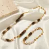 Tiger Eye Stone Splice Freshwater Pearl Beaded Chain Necklace Bracelet Stainless Steel Neck Chains Necklaces Bracelets For Women