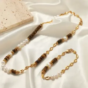 Tiger Eye Stone Splice Freshwater Pearl Beaded Chain Necklace Bracelet Stainless Steel Neck Chains Necklaces Bracelets For Women