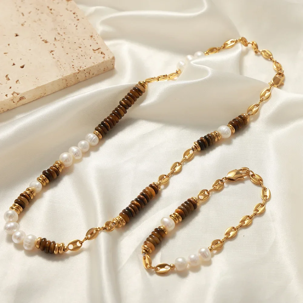 Tiger Eye Stone Splice Freshwater Pearl Beaded Chain Necklace Bracelet Stainless Steel Neck Chains Necklaces Bracelets For Women