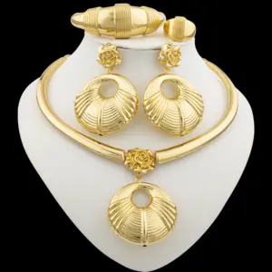 African Gold Plated Jewelry Set for Women Hoop Earrings and Pendant Set Italian Weddings Bangle Ring Jewellery Set Wholesale