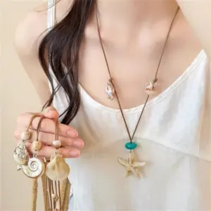 FTCY Sea Star Shell Beads Pendant Necklace For Women Starfish Shell Beaded Wax Rope Necklace Summer Beach Vacation Jewelry