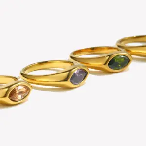E.B.belle Horse Eye Zircon Seal Ring Colorful Hypoallergenic 316L Stainless Steel Decoration 18K Gold Plated Jewelry
