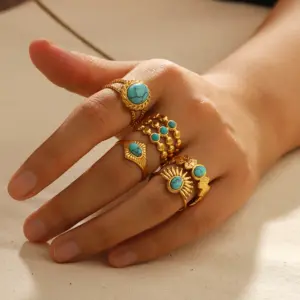 18k Gold Plated Turquoise Swirl Marks Wide Opening Stainless Steel Rings For Women Jewelry