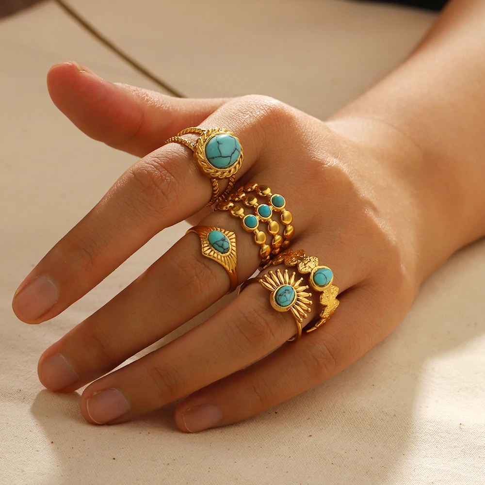 18k Gold Plated Turquoise Swirl Marks Wide Opening Stainless Steel Rings For Women Jewelry