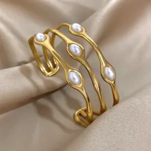 Vintage Layered Gold Plated Pearl Stainless Steel Bangles Bracelet for Women Men Bohemia Wide Open Cuff Wrist Party Jewelry Gift