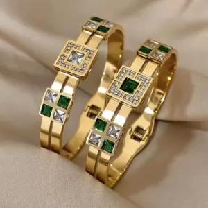 Freetry Exquisite Stainless Steel Large Green Zircon Gold Plated Bracelet Rhinestone Layered Cuff Bracelet Waterproof Jewelry