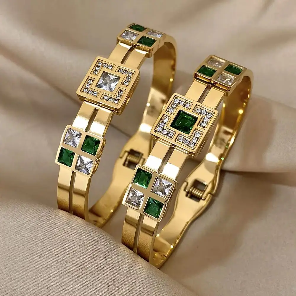 Freetry Exquisite Stainless Steel Large Green Zircon Gold Plated Bracelet Rhinestone Layered Cuff Bracelet Waterproof Jewelry
