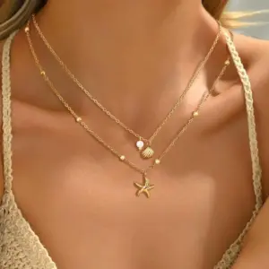 Women Shell Necklace 14k Gold Plated Stainless Steel Layered Starfish Conch SeaShell Pearl Charm Necklace Summer Beach Jewelry