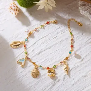 Colorful Crystal Zircon Metal Chain Anklets for Women Bohemia Starfish Shell Conch Tassel Bracelet On The Foot Beach Jewelry
