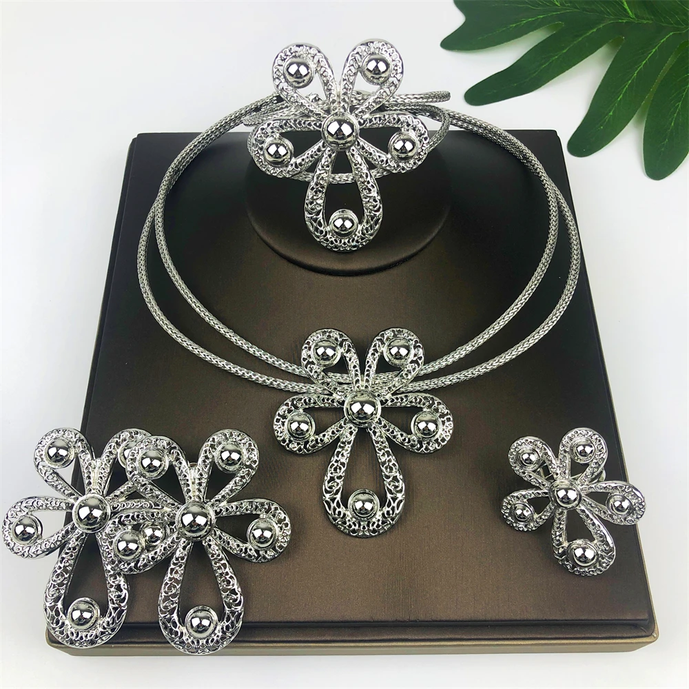 Dubai 4Pcs Jewelry Set for Women Necklace Collar Drop Earrings Bracelet Ring Bridal Wedding Party Gifts