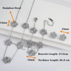 Simple 316L Stainless Steel Flower Five Leaf Necklace Bracelet Earrings 18K Gold Plated Jewelry Set For Women Girl Gift Clover