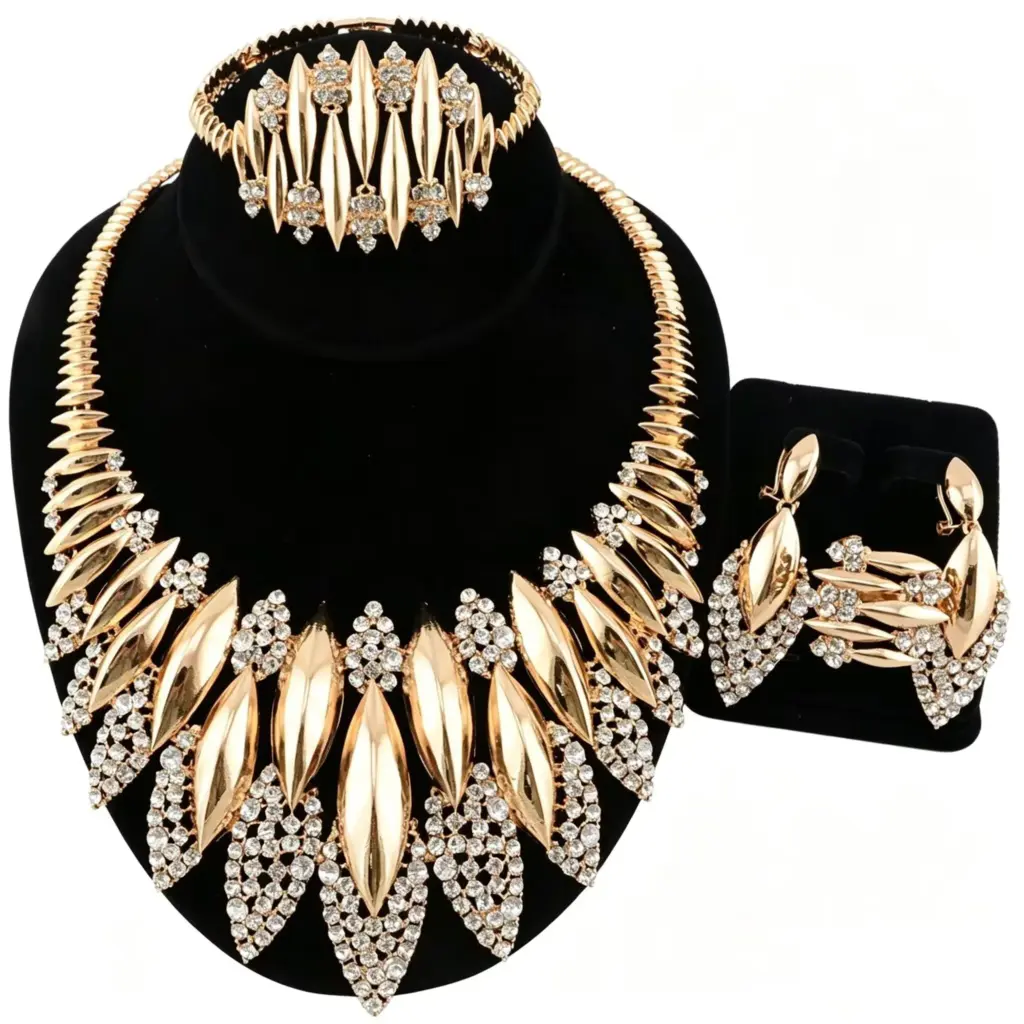 African Durable Iron Alloy 4pcs Jewelry Set Gold Plated Bridal Wedding Necklace Earrings Ring Bracelet