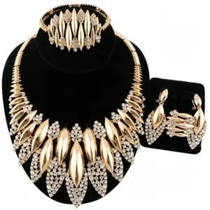 African Durable Iron Alloy 4pcs Jewelry Set Gold Plated Bridal Wedding Necklace Earrings Ring Bracelet