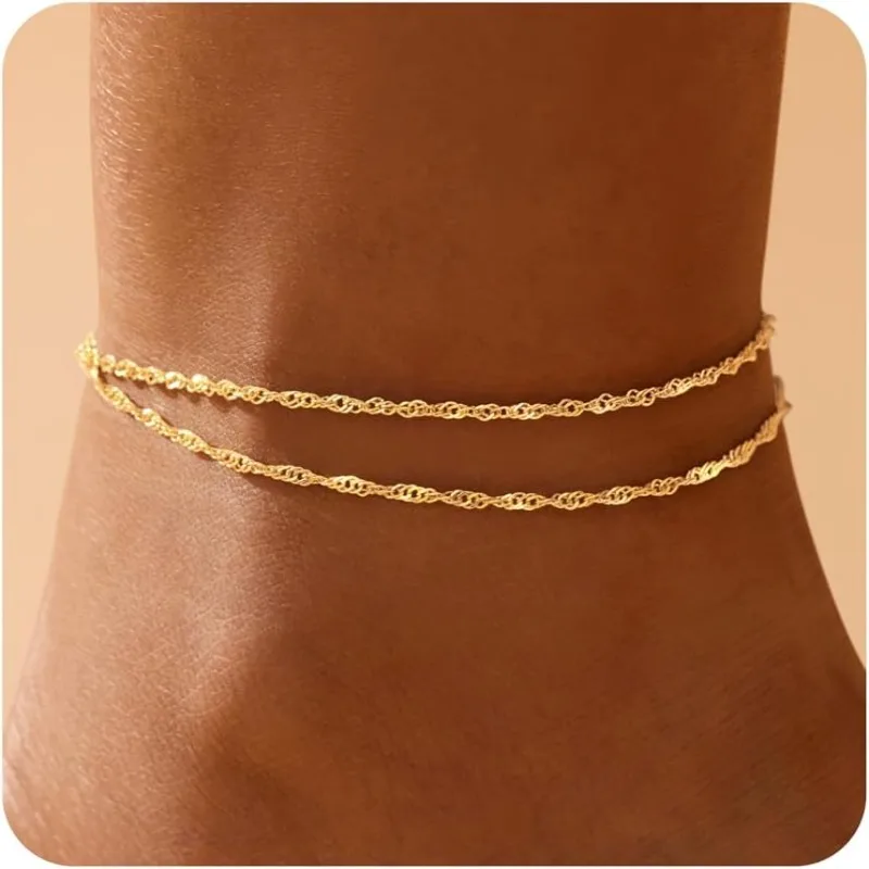 Gold Anklets Bracelets for Women Waterproof,14K Gold Plated Stainless Steel Dainty Layered Anklets Bracelets Set Jewelry Gift