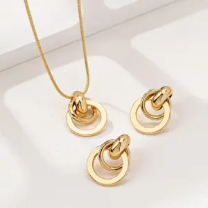 3pcs Elegant Vintage Jewelry Set for Women Metal Geometric Circle Necklace Golden Choker Bridal Wedding Bracelet Party Gift