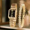 2PCS/Set Fashion Rectangle Women Quartz Watch Ladies Roma Dial Wristwatches Rhinestone Bracelet Set Reloj Mujer Girls Clock Gift
