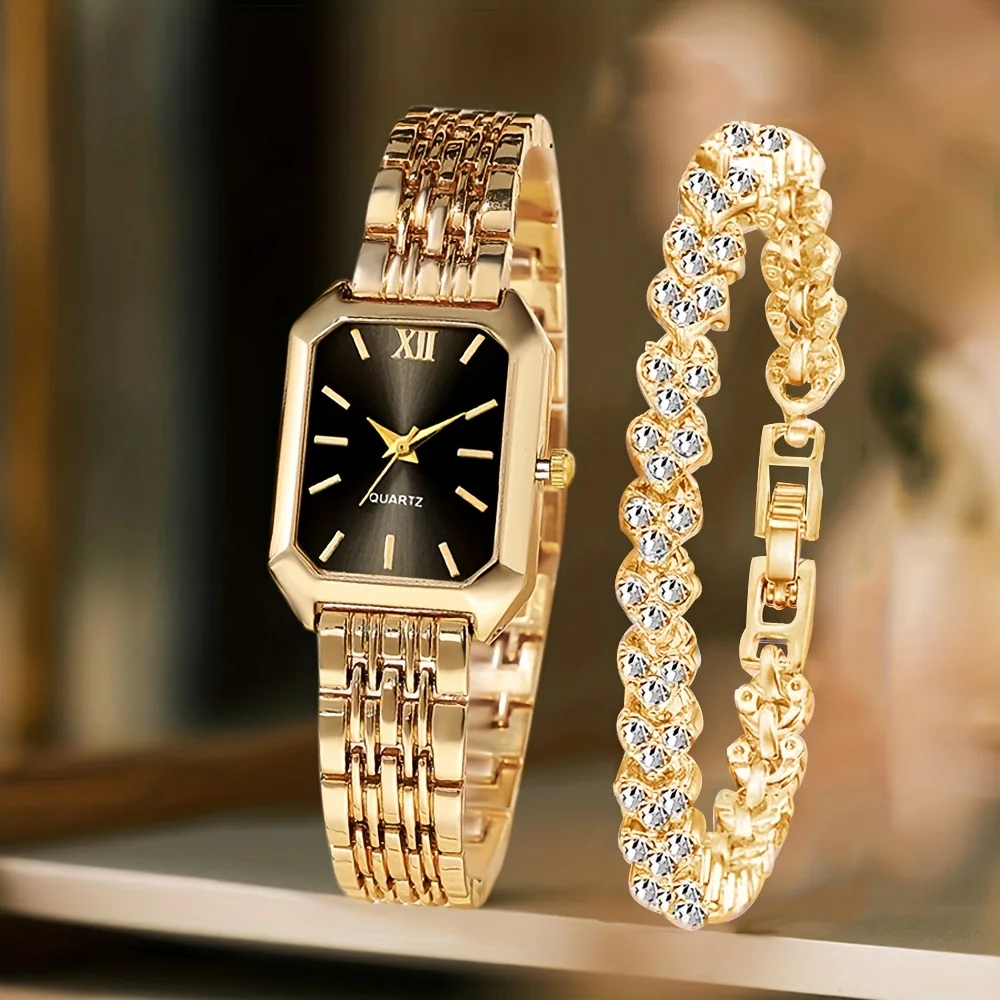2PCS/Set Fashion Rectangle Women Quartz Watch Ladies Roma Dial Wristwatches Rhinestone Bracelet Set Reloj Mujer Girls Clock Gift