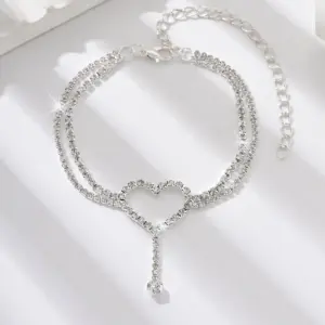 Shiny Bling Heart Drop Tassel Charm Double Layer Anklet Women Beach Foot Chain Vacation Jewelry Summer