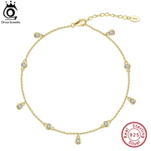 ORSA JEWELS 14K Gold 925 Sterling Silver Brilliant Zircon Stone Anklet for Women Adjustable Summer Foot Chains Jewelry SA70