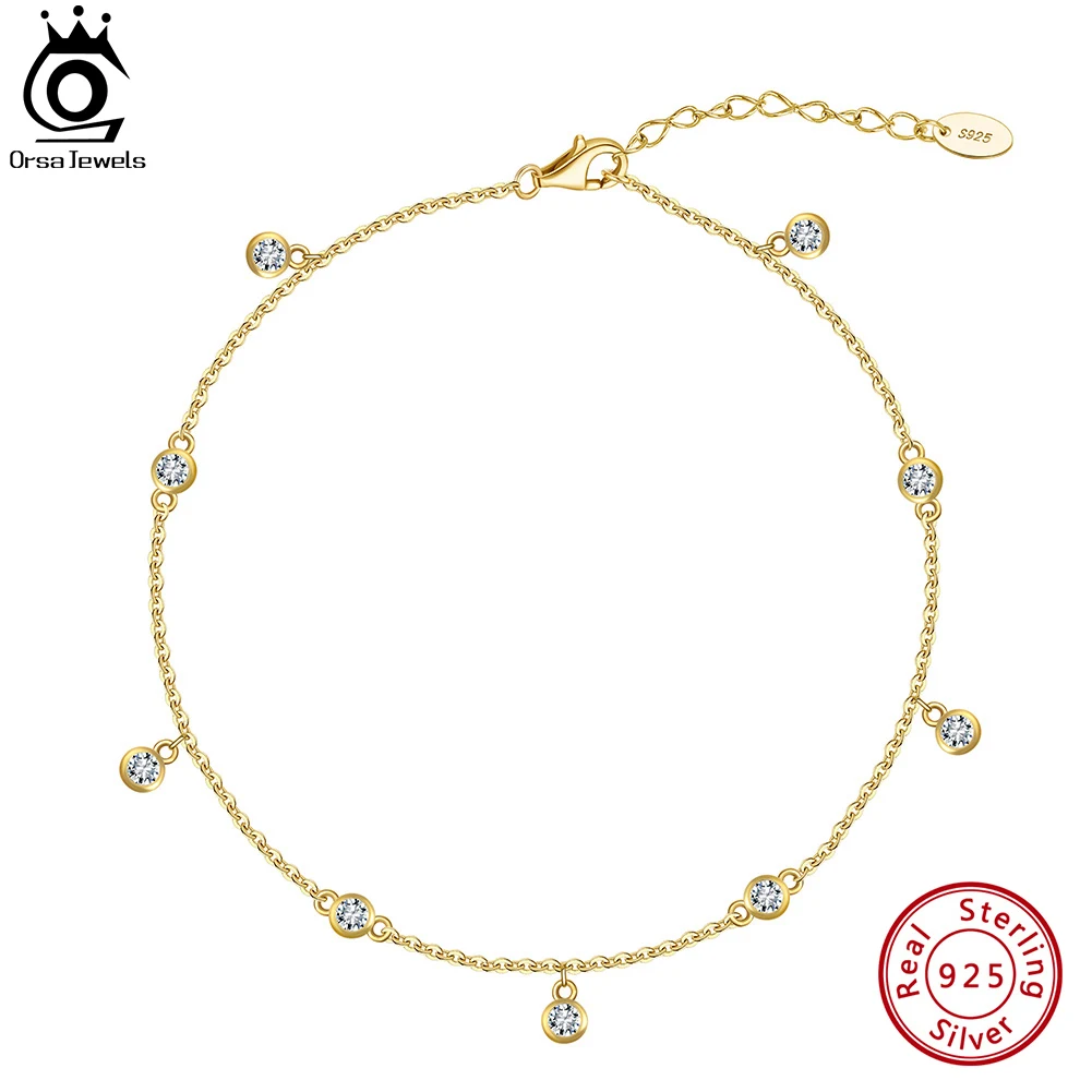 ORSA JEWELS 14K Gold 925 Sterling Silver Brilliant Zircon Stone Anklet for Women Adjustable Summer Foot Chains Jewelry SA70