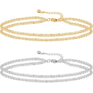 2pcs Gold/Silver Anklets for Women Waterproof, 14k Gold/Silver Plated Stainless Steel Sparking Bling Bling Summer Jewelry Gift